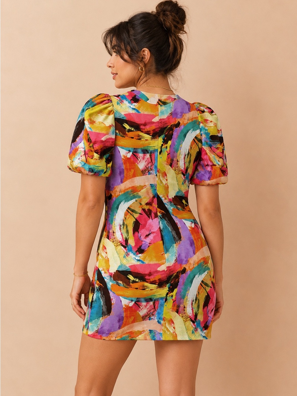 Willa Story Colorful Abstract Brushstroke Puff Sleeve Dress - Picture 2 of 5